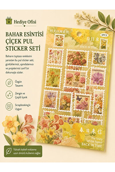 hediyeofisi Bahar Esintisi Vintage Çiçekler Pul Sticker Seti 4 Sayfa