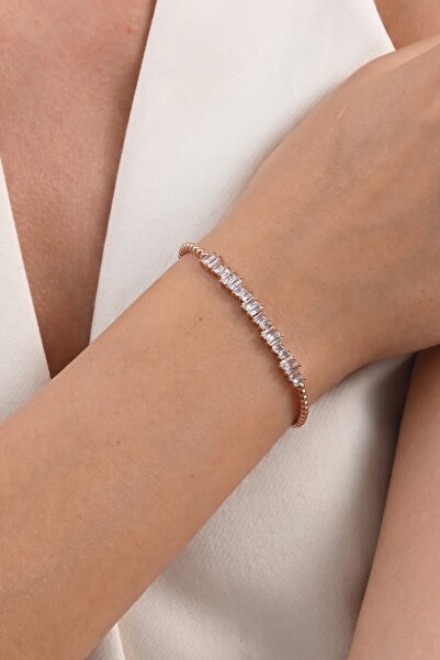 Söğütlü Silver 925 Ayar Gümüş Bileklik Rose Kaplama Baget Zirkon Taşlı İtalya...