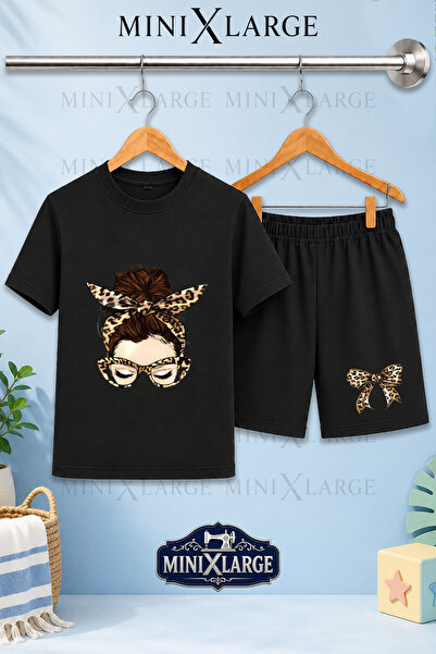 Çocuk Tişört - Şort Takım KURDALELİ KIZ KAFA Baskılı Unisex Bisiklet Yaka