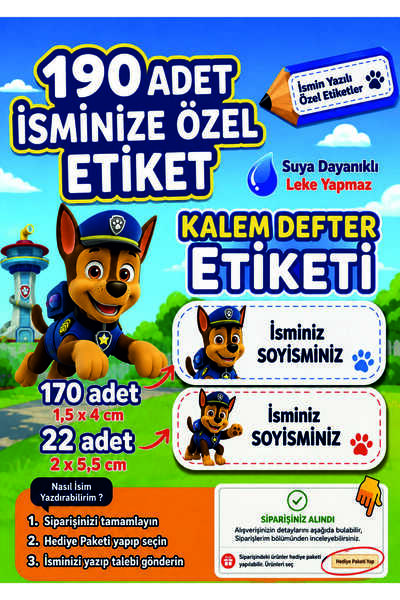 Joyygift Chase Temalı Paw Patrol Kalem Defter Kitap Etiketi İsim Etiketi Stic...