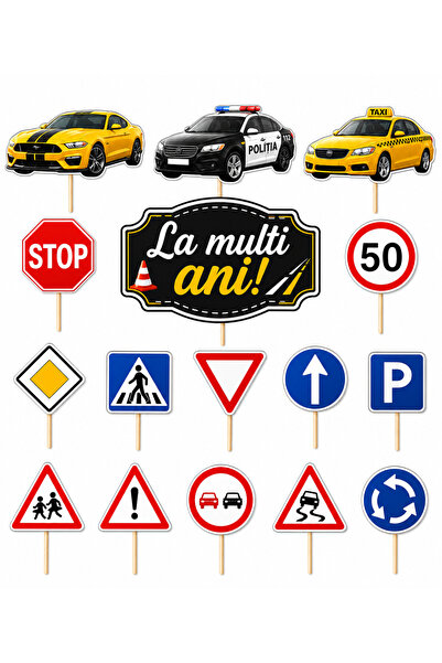 DecoParty Set de decor pentru tort – Tematică cu semne rutiere, 16 piese, Car...