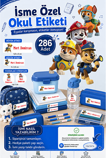 Sim Tasarım Okul Etiketi Paw Patrol Kalem Defter Etiketi Özel İsim Yazılabile...