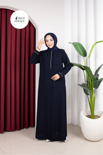 Işıltı Ferace Ruffle and Stone Detailed Cemre Ferace (Navy Blue)
