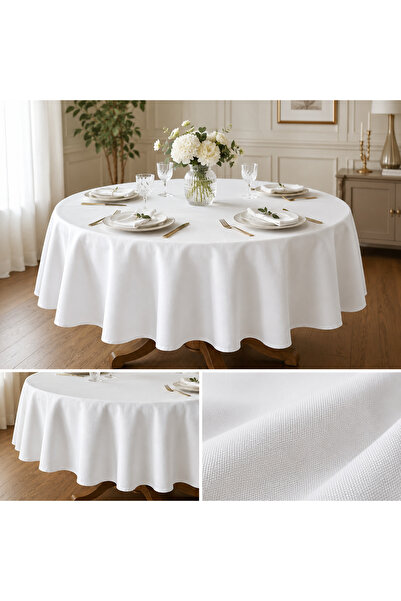 Meral Kurşun Collection White Round Tablecloth |   Liquid Proof |   Linen |  ...