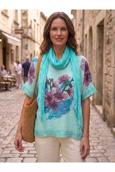 AYASOFYA OTANTIK Women's Italian Daffodil Floral Patterned Sleeve and Hem Fri...