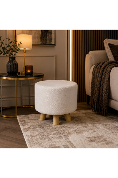 N.zone Modern Round Pouf Upholstered in Luxurious Fabric with Sturdy Wooden L...