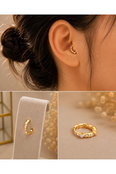 ArzaCollection Zirkon Taşlı Geometrik Halka Tragus Küpe - Cerrahi Çelik Barlı...