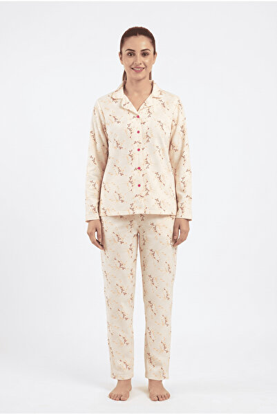 FAMES PİJAMA Buttoned front waffle fabric ivy pattern seasonal pajama set