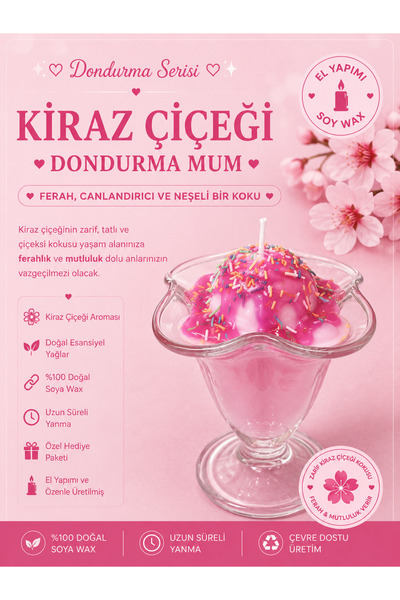 Kiraz Çiçeği Aromalı Dondurma Kase Mum 🌸🍨 Cam Kasede Pembe Soslu El Yapımı Dekoratif Soya Mum