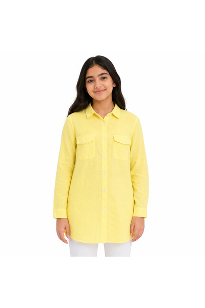 Generic Girls' Long Loose Shirt with Long Sleeves and Chest Pockets, Yellow S...