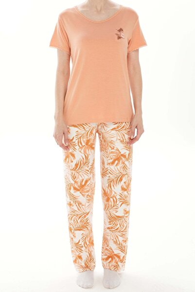 Relax Mode Kadın Turuncu Viskon-V Yaka Dantelli Pijama Takımı - 40113R