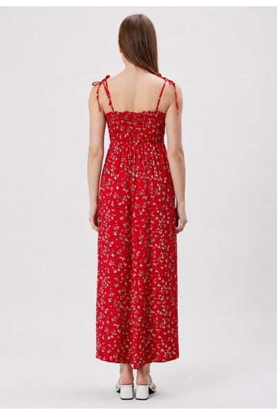 exxit collection Patterned Cotton Long Summer Red Patterned Women's Dress - Shoulder Tie Strap Gathered Gipeli Women's Comfortable Dress