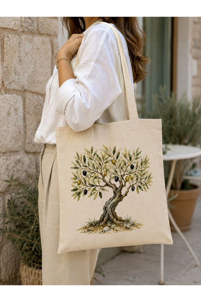 Tomris Hatun Olive Tree Printed Raw Fabric Bag, Shoulder Bag, Shopping Bag