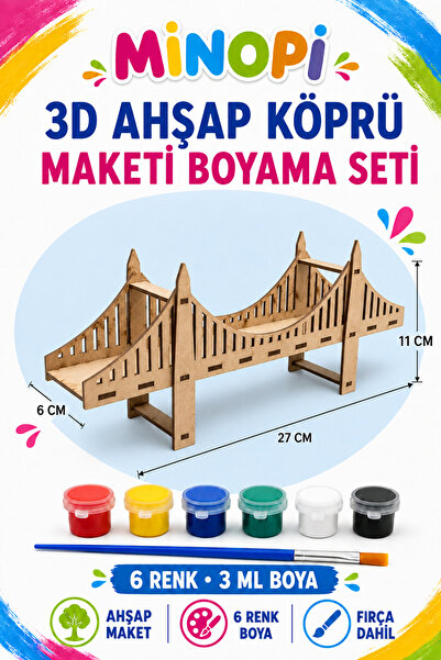 Minopi 3D Ahşap Köprü Maketi Boyama Etkinlik Aktivite Seti 6 Renk Boya ve Fır...