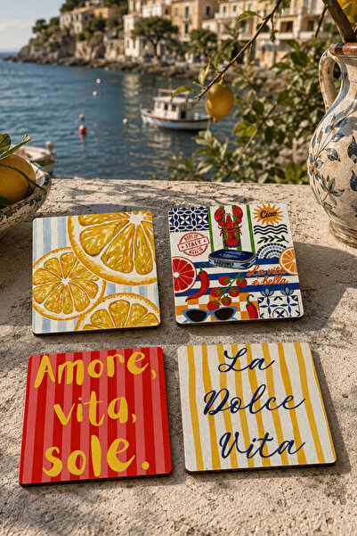 BYC TÜRKİYE Kare La Dolce Vita Coaster Set of 4 – Sicily Themed - 9 Cm, 3 mm ...