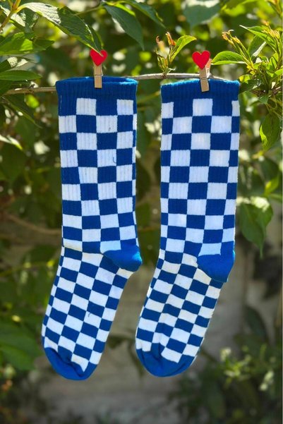 LouSocks جوارب ملونة بنمط مربعات زرقاء للجنسين