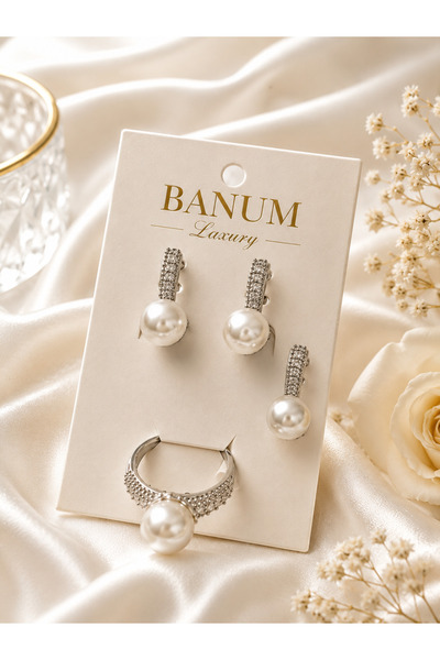 Banum Luxury Zarif Şık Tasarım Gümüş Tonlu İnci 3lü Set