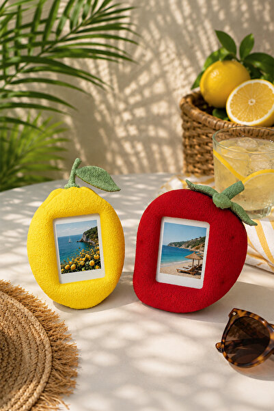Çilek ve Limon Fotoğraf Çerçevesi - 2li Polaroid Mini Resim Çerçevesi Seti - Yaz Dekorasyonu Hediyelik 86x54 mm Foto