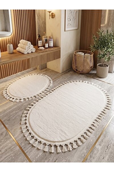 DECORA CASA HOME COLLECTİON Luxury Set of 2 Oval Bath Mats 60X110/ 60X50 Non-...
