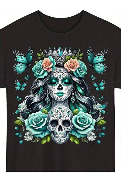 Astogria13 "Day Of The Dead" Sugar Skull T-Shirt - Round Neck Short Sleeve Ca...