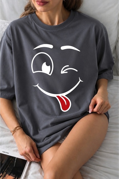 ZAVIXO Γυναικείο μπλουζάκι Oversize με στάμπα Emoji, 100% βαμβάκι – Βασικό Un...