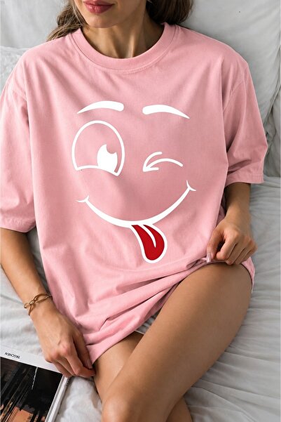 ZAVIXO Women's Oversize Emoji Printed 100% Cotton T-Shirt – Burgundy Unisex B...