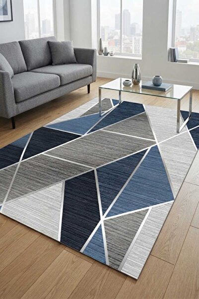 Qatalina Modern Geometrik Mavi Gri Kaymaz Taban Dijital Baskı Salon Oturma Od...