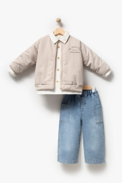 Jikko Baby Erkek Çocuk Bomber Ceketli Gömlekli Bol Paça Jean Pantolon 3’lü Ta...