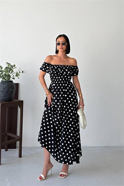 Neşeli Butik Rochie neagră de damă, cu guler tip Madonna, cu volane, cu impri...