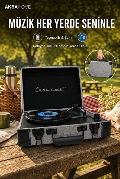 crownwell Çantalı Retro Pikap Plak Çalar 33/45/78 Devir Bluetooth Şarjlı Taşı...