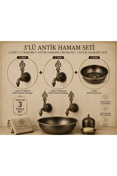 vb vitrinbanyo 2 Adet 1/2 Rekorlu Antik Osmanlı Musluğu ve Antik Hamam Tası 3...