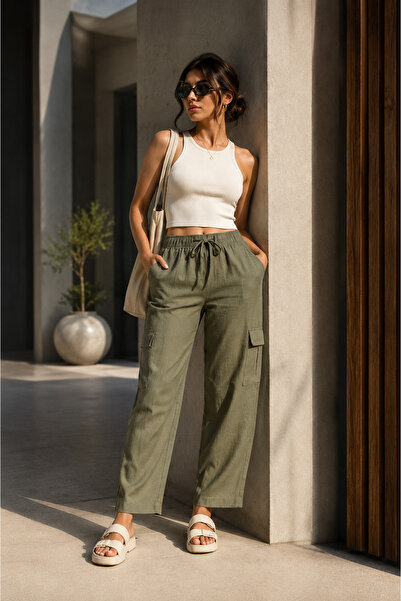 esmara Women's Olive Green Linen Blend Cargo Trousers