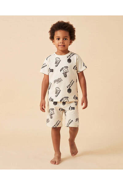 REDTAG Boys Cream Basketball Print T-Shirt And Pyjama Set