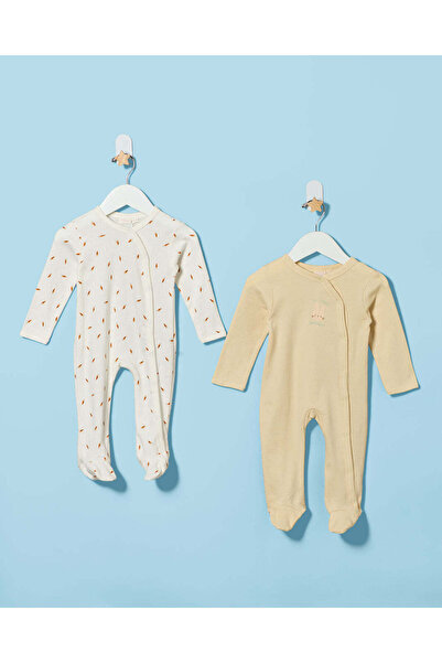 REDTAG Baby White And Beige Jacquard 2 Pieces Sleepsuit Set