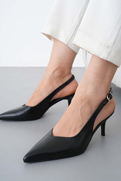 golden heel Black Leather Open Back Thin Heel Stiletto Pointed Toe Women's He...