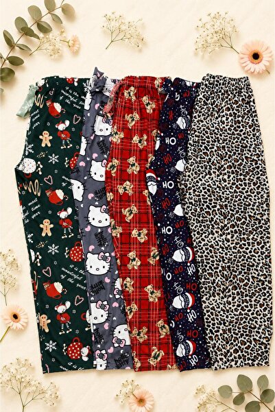 Pi Giyim 5-Piece Women's Suede Pajama Bottom Set with Leopard, Green, Red Ted...