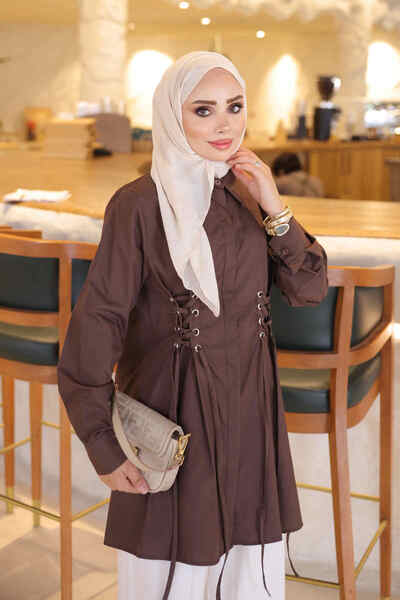 İmajButik Kahverengi Kuş Gözlü Bağlama Detaylı Gömlek