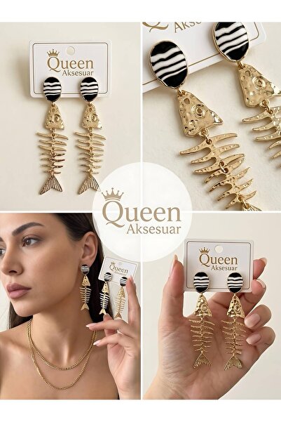 QUEEN AKSESUAR New Black and White Striped Stone Fish Skeleton Figured Gold N...