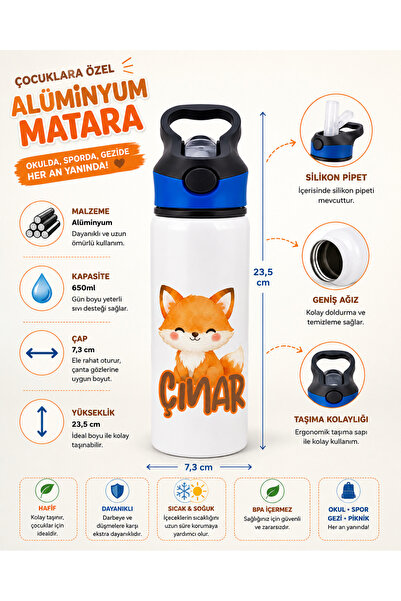 veracraft Kişiye Özel Tilki Temalı İsim Baskılı Çocuk Suluk 650 ml - Alüminyu...
