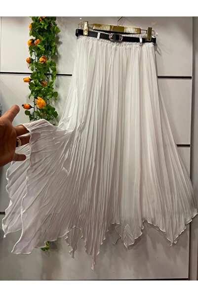 edu collection Asymmetrical Cut Chiffon Skirt with Lining and Belt White