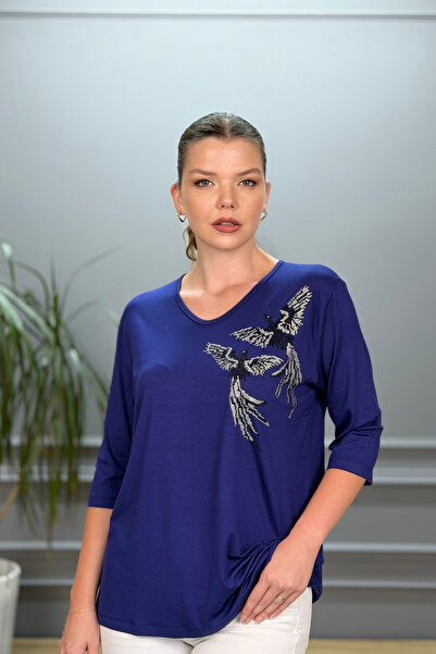 Bİ.GİYSEN Women's Navy Blue Large Size V-Neck Chest Stone Printed Bird Lycra ...