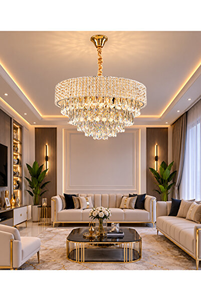 Led YENİ MODEL 50 CM KRİSTAL LÜX SALON AVİZE GOLD RENK İTHAL KASA