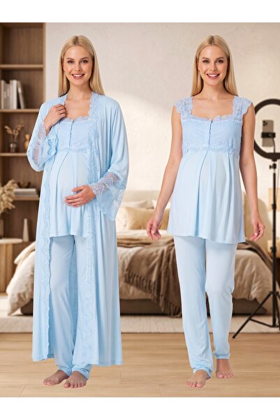 Lohussa New Season Blue Long Dressing Gown with Lace Detail, Special Design S...