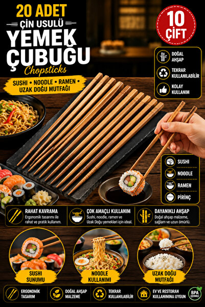 Hane Dostu 20 Adet Ahşap Çin Usulü Yemek Çubuğu Chopsticks Sushi Noodle Uyuml...
