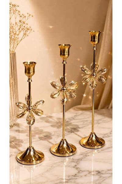 3’lü Gold Kristal Çiçek Detaylı Metal Şamdan Seti – 25/27/30 cm