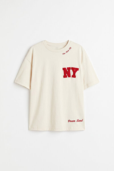 TOMMY LIFE Ecru Oversize Short Sleeve Printed Girls' T-Shirt - 75174