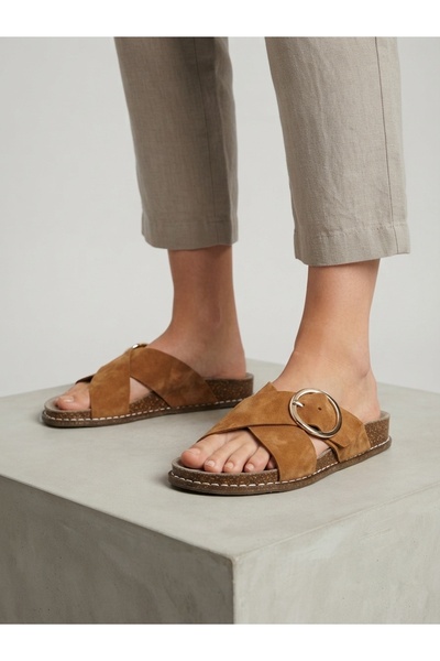 Rüya Shoes Daily Gold Buckle Genuine Leather Women's Slippers