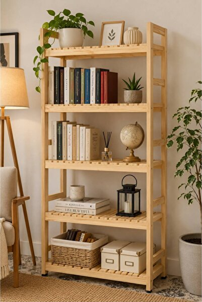 BRK Design BA AHŞAP 5 Raflı Ahşap Kitaplık & Çok Amaçlı Dolap 5KAT01_ 144x68x30