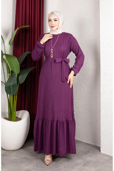 sefamerve Bürümcük Fabric Striped Belted Hijab Dress 0908-03 Plum