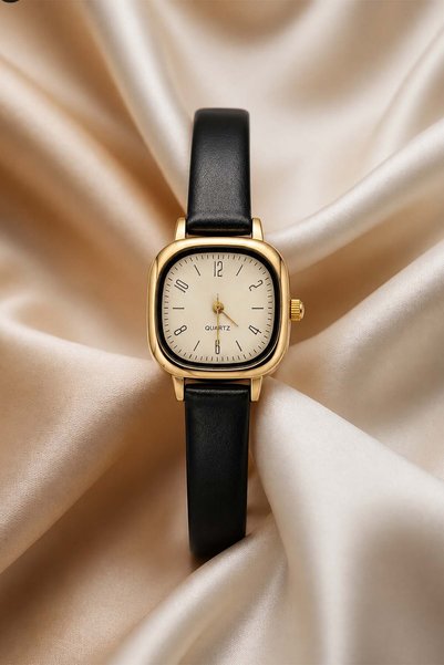 GANYMET Rosso Black Leather Cord Gold Case Women's Wristwatch – Square Dial Minimal Analog Quartz Stylish Women's Wrist Watch